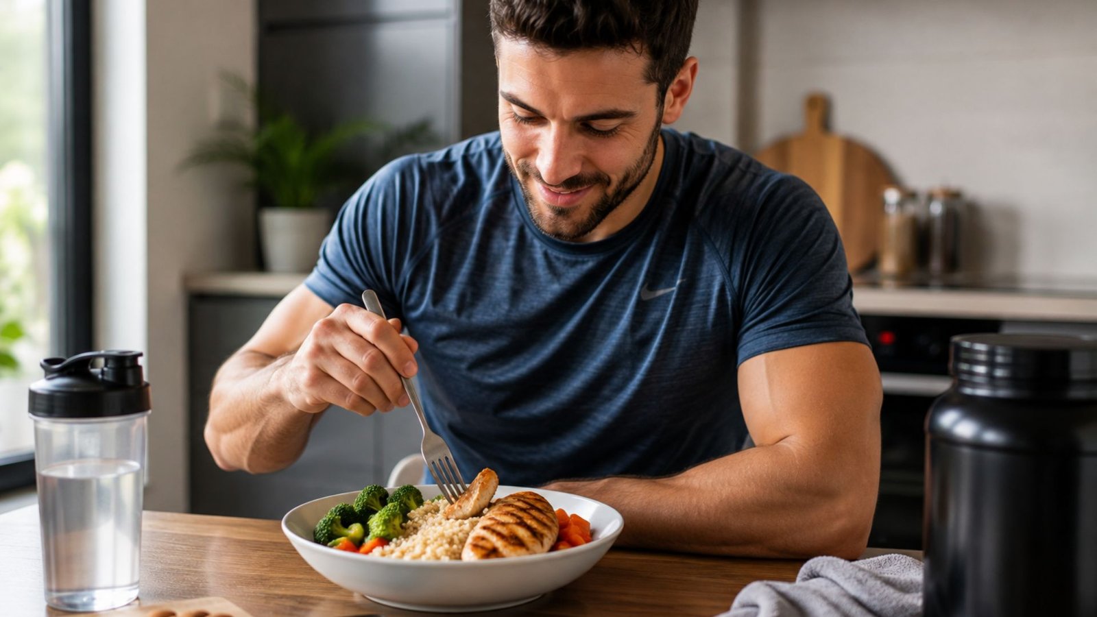 Man in a blue shirt eating a balanced meal—grilled chicken, broccoli, rice and vegetables at a kitchen table.
